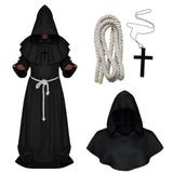 Black Medieval Monk Robe – Hooded Cloak with Rope Belt & Cross Necklace for Halloween & Cosplay ✝️🖤