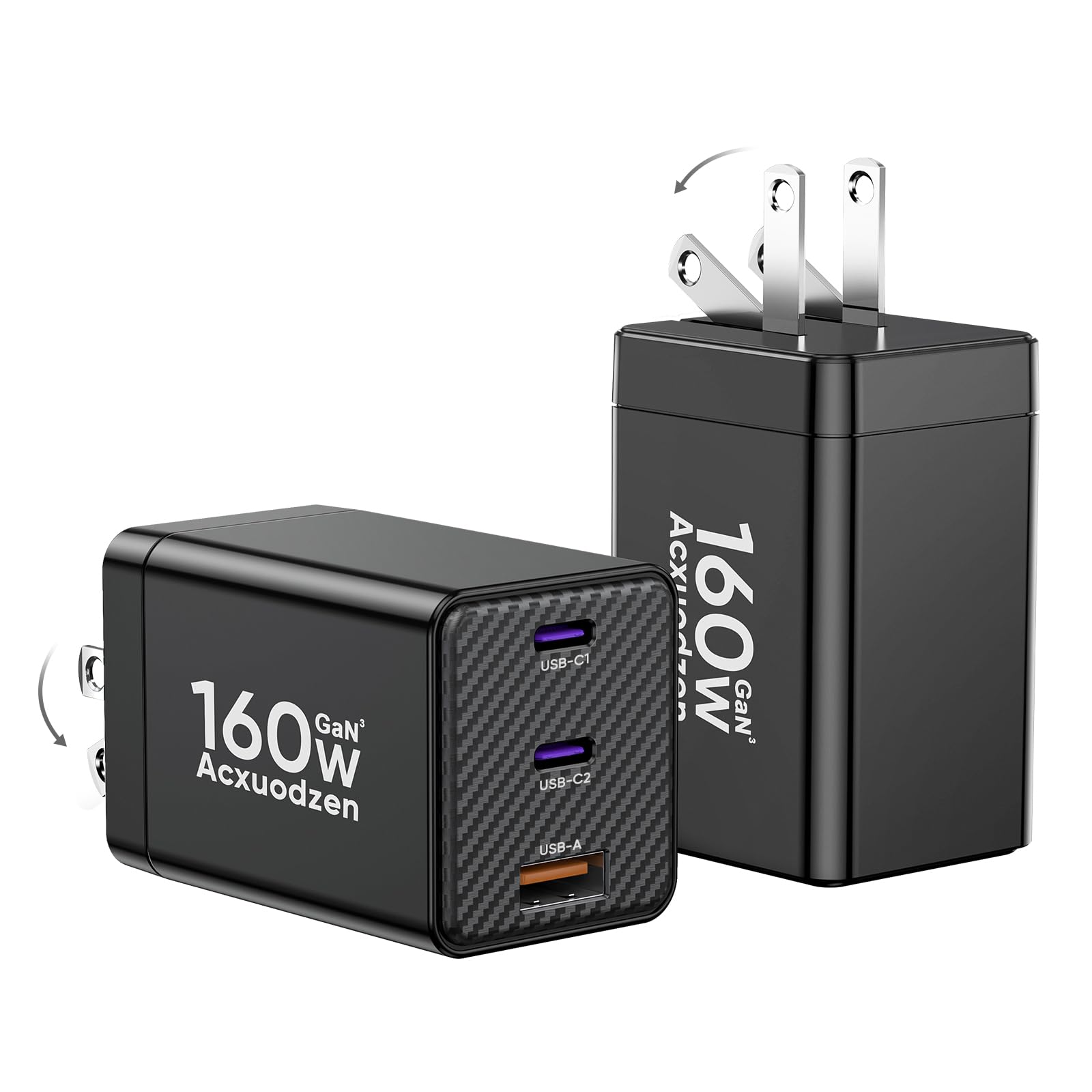 Acxuodzen 160W GaN III USB-C Charger Block 3 Port Dual 65W Fast Charging Foldable Adapter 2 Pack for MacBook iPhone Samsung iPad – Black