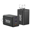 Acxuodzen 160W GaN III USB-C Charger Block 3 Port Dual 65W Fast Charging Foldable Adapter 2 Pack for MacBook iPhone Samsung iPad – Black