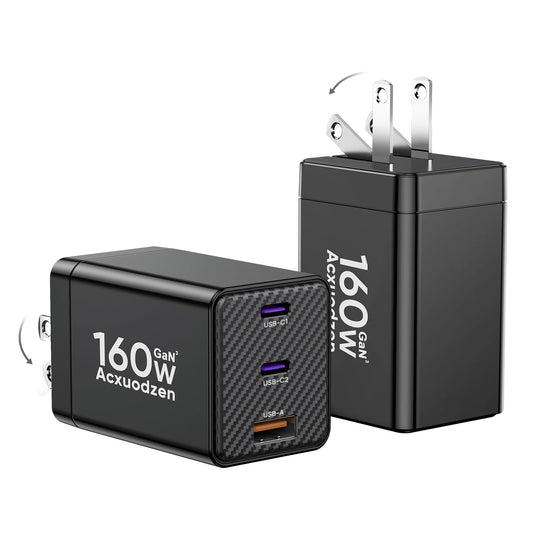 Acxuodzen 160W GaN III USB-C Charger Block 3 Port Dual 65W Fast Charging Foldable Adapter 2 Pack for MacBook iPhone Samsung iPad – Black