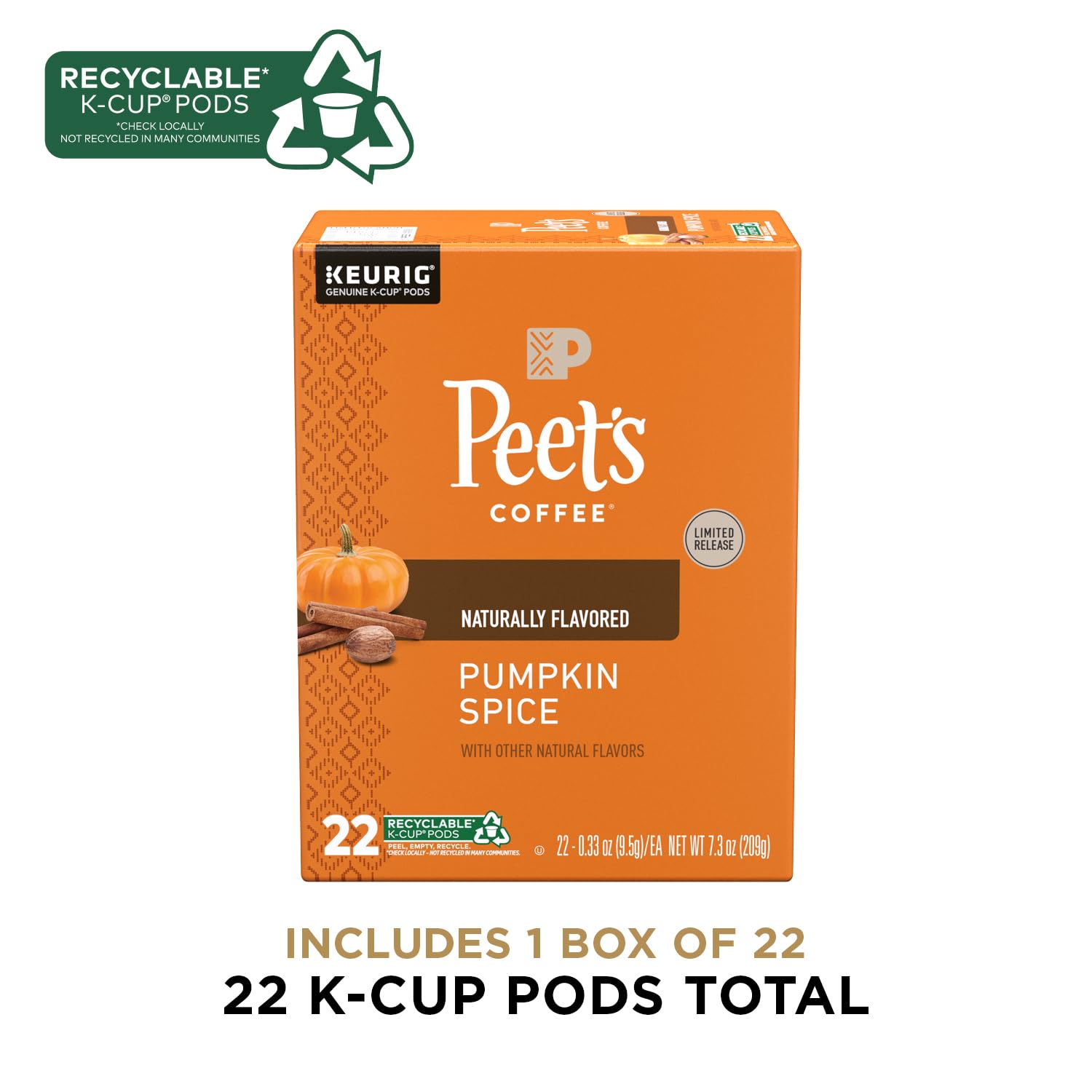 Peet’s Coffee Pumpkin Spice Flavored K-Cup Pods – Light Roast Seasonal Coffee (22 Count)