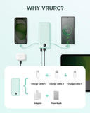 10000mAh Portable Power Bank with Built-in AC Wall Plug & Multi Cables – Ultra Lightweight Fast Charging Travel Battery Green