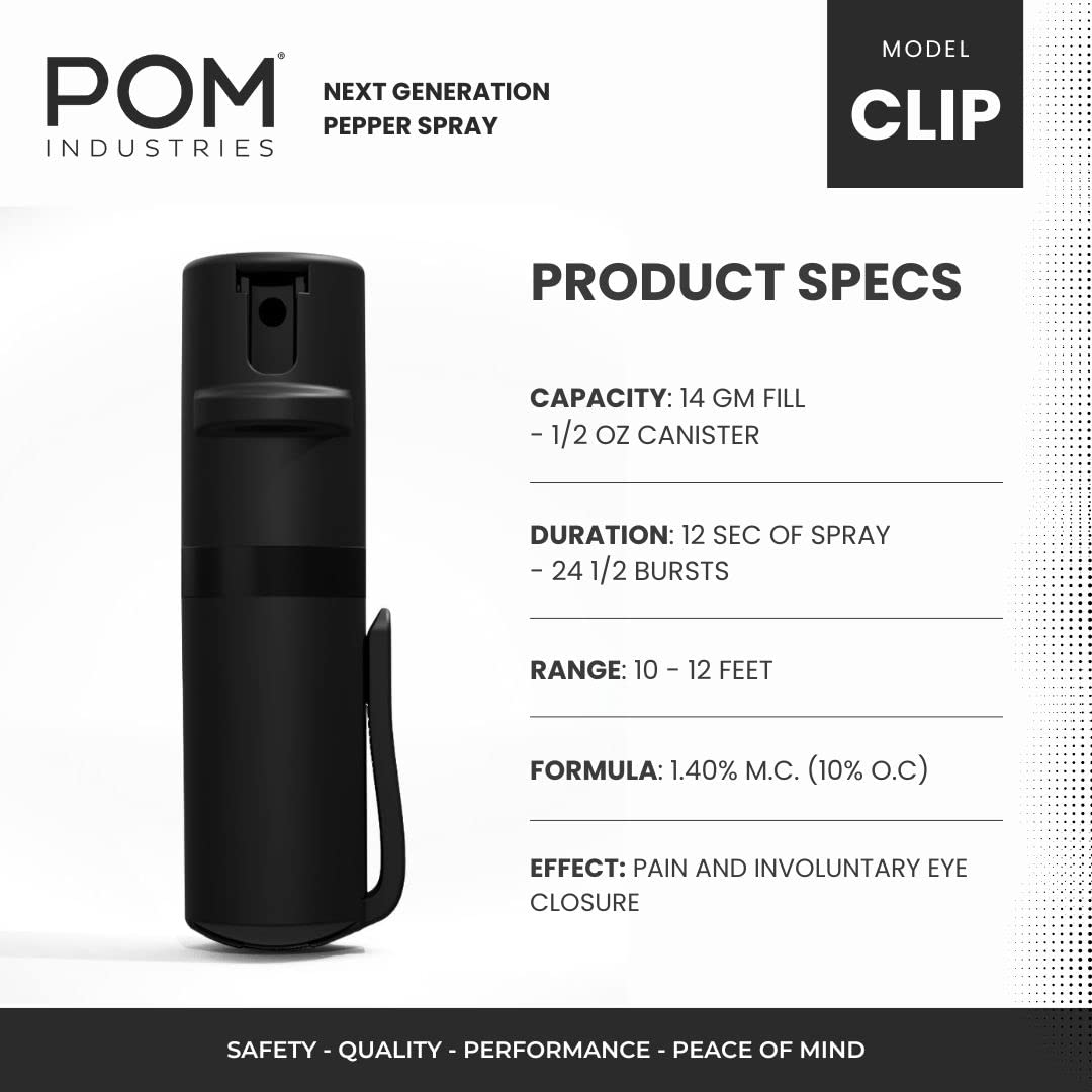 POM Pepper Spray with Pocket Clip – Tactical Flip-Top OC Defense Spray, Compact EDC Design (Black)