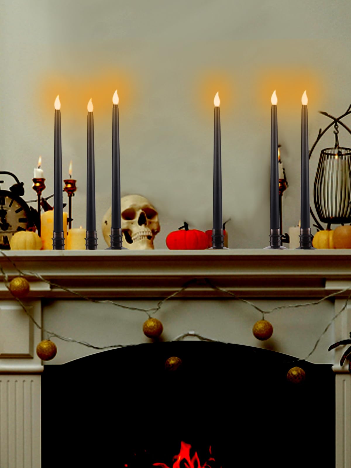 6 Pcs Black LED Halloween Candles with Holders – Flickering Flameless Tapered Candles for Spooky Decor