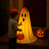 Light-Up Ghost Candy Bowl Decoration with LED String Lights – 63” Halloween Table Cover Set (White & Black)