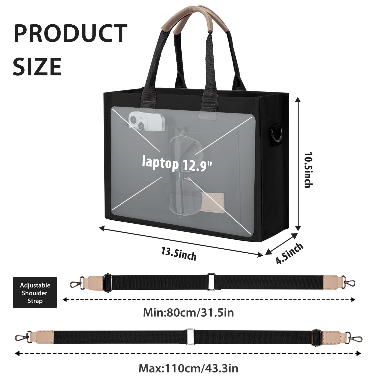 Canvas Tote Bag for Women – Eco-Friendly Waterproof Shoulder & Crossbody Tote with Pockets (Black)