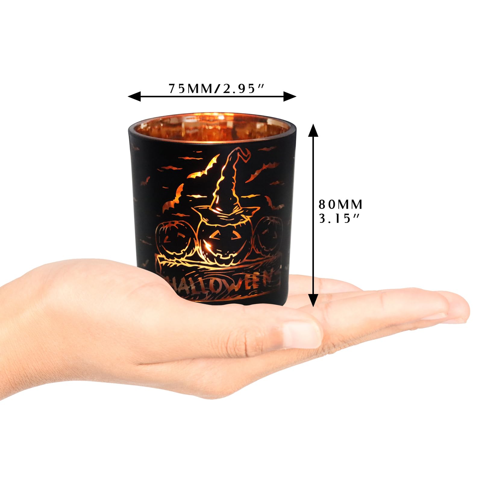 Black & Gold Halloween Candle Holders – 4PCS Laser-Engraved Glass Votive Set with Witches & Pumpkins