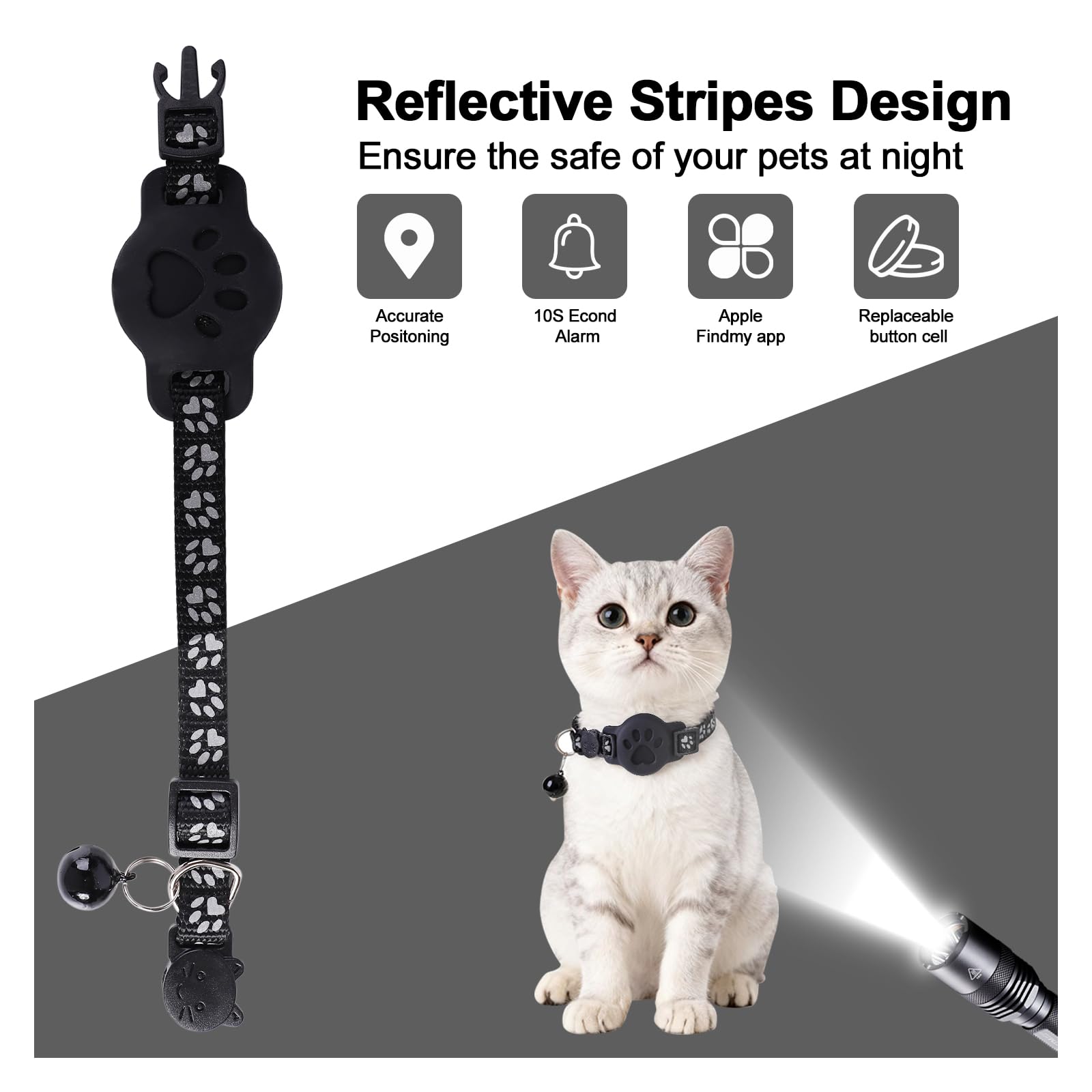 Smart GPS Tracking Cat Collar with Breakaway Safety Design & Reflective Strips – Adjustable Lightweight Tracker Holder Collar for Cats (Black)