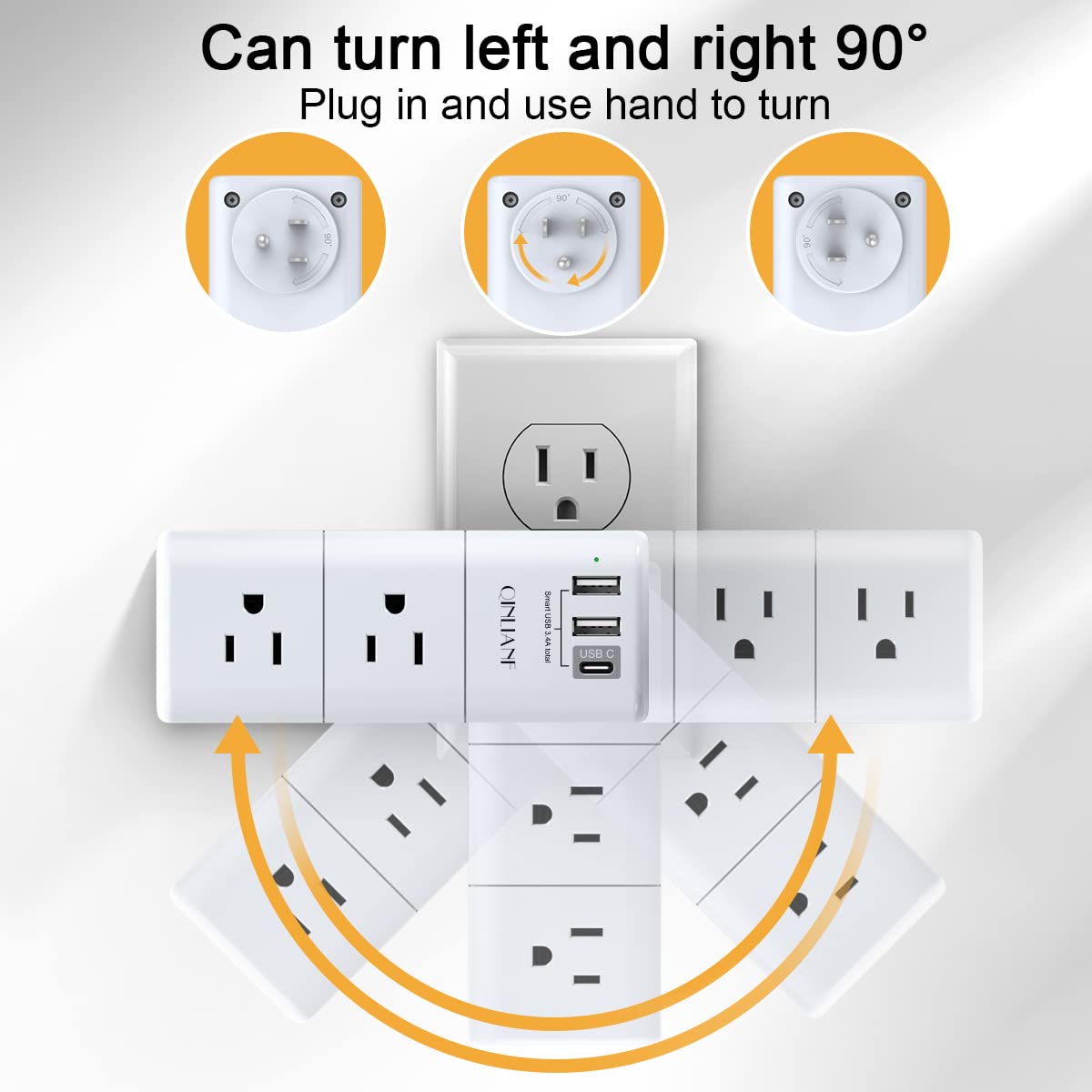 9-in-1 Rotating Power Outlet Extender with USB-C – Surge Protector Wall Charger with 6 AC Ports