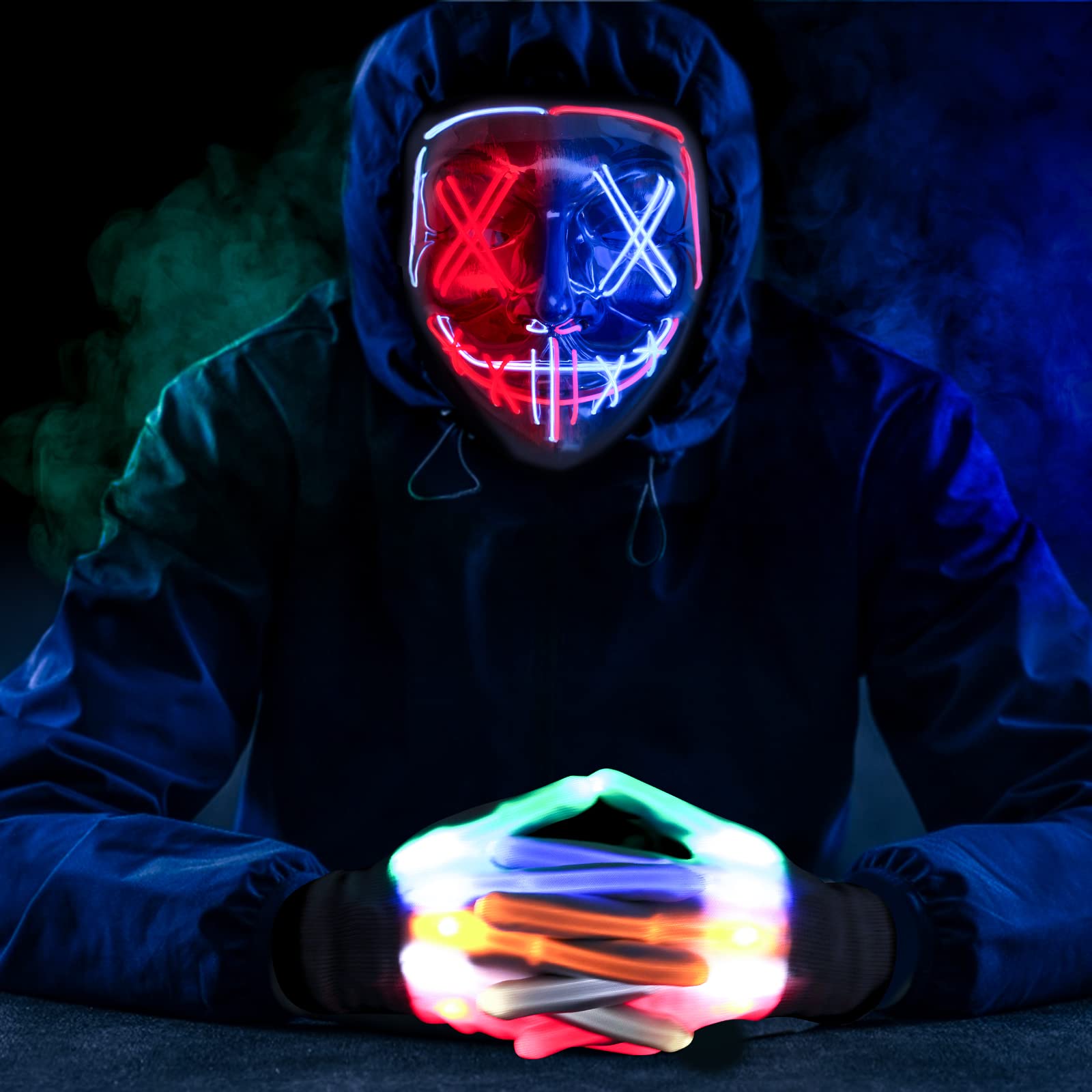 Blue & Red LED Halloween Mask with Glowing Gloves – Light-Up Purge-Style Costume Set for Kids & Adults (3 Lighting Modes)