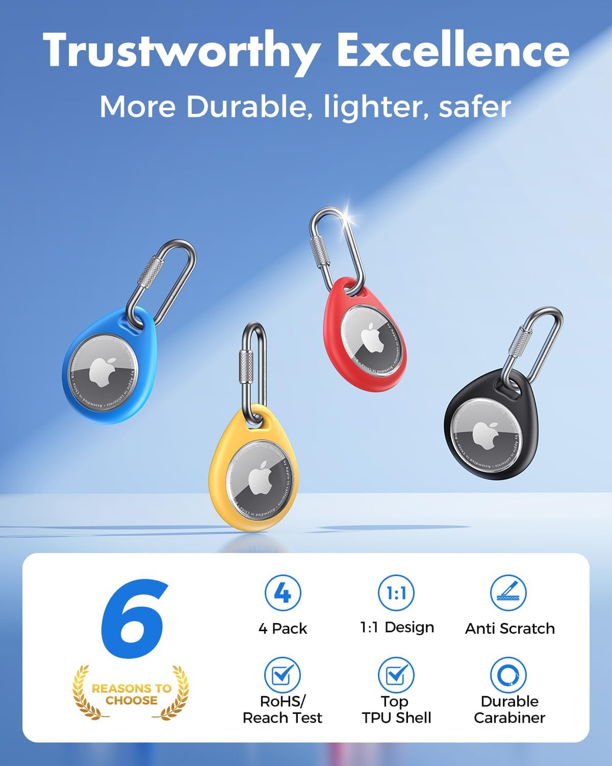 Heavy Duty AirTag Holder Case with Locking Stainless Steel Carabiner, Waterproof TPU Protective Cover – 4 Pack Multi Color