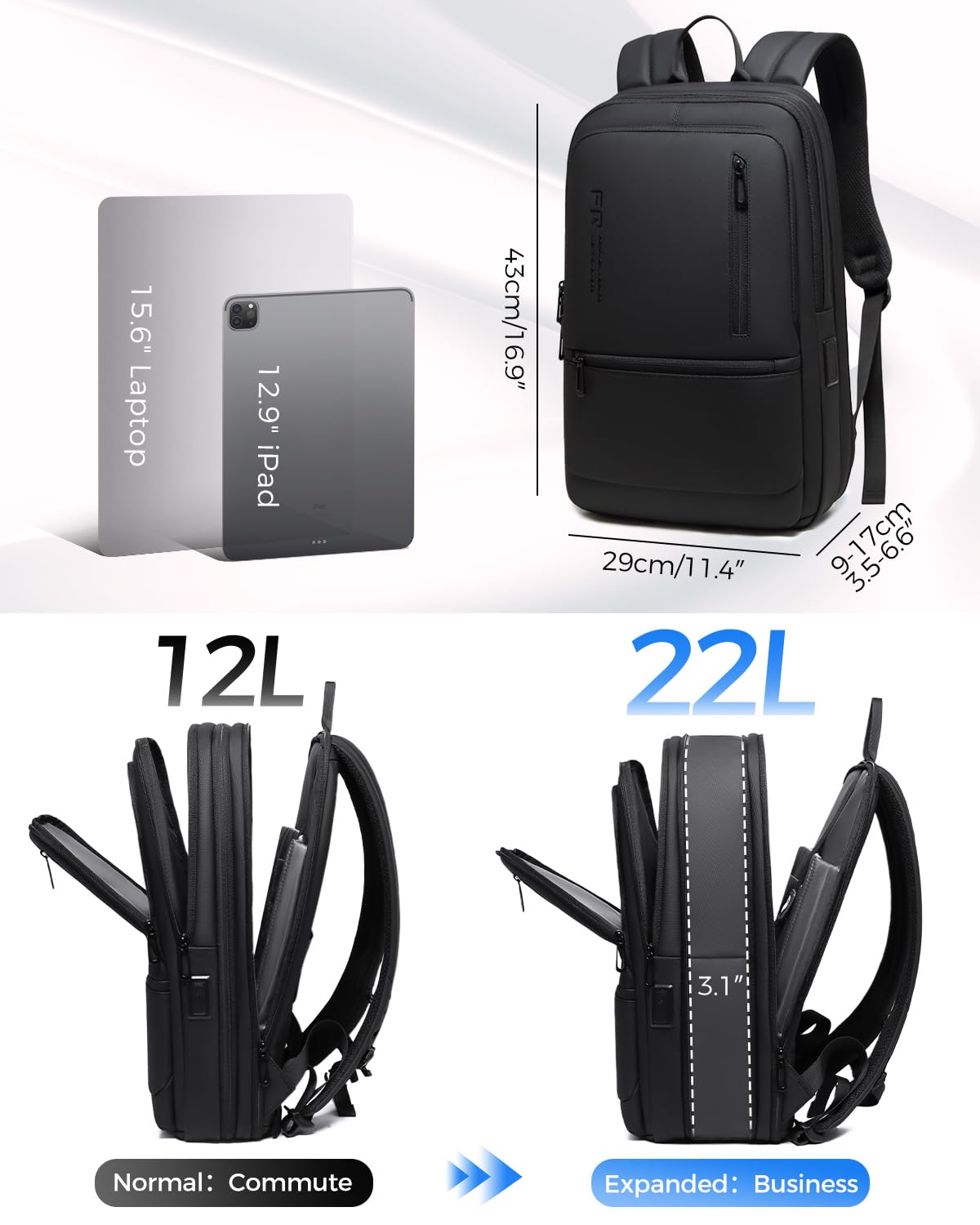 FENREE.GEER Expandable Work Laptop Backpack – 12L–22L Water-Resistant Backpack with USB-C & USB-A Ports for 15.6” Laptops (Black)