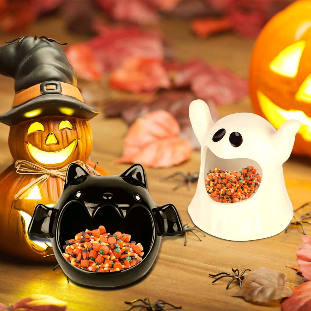 2-Piece Ceramic Halloween Candy Bowl Set – Ghost & Bat Design, White & Black Decorative Candy Dishes