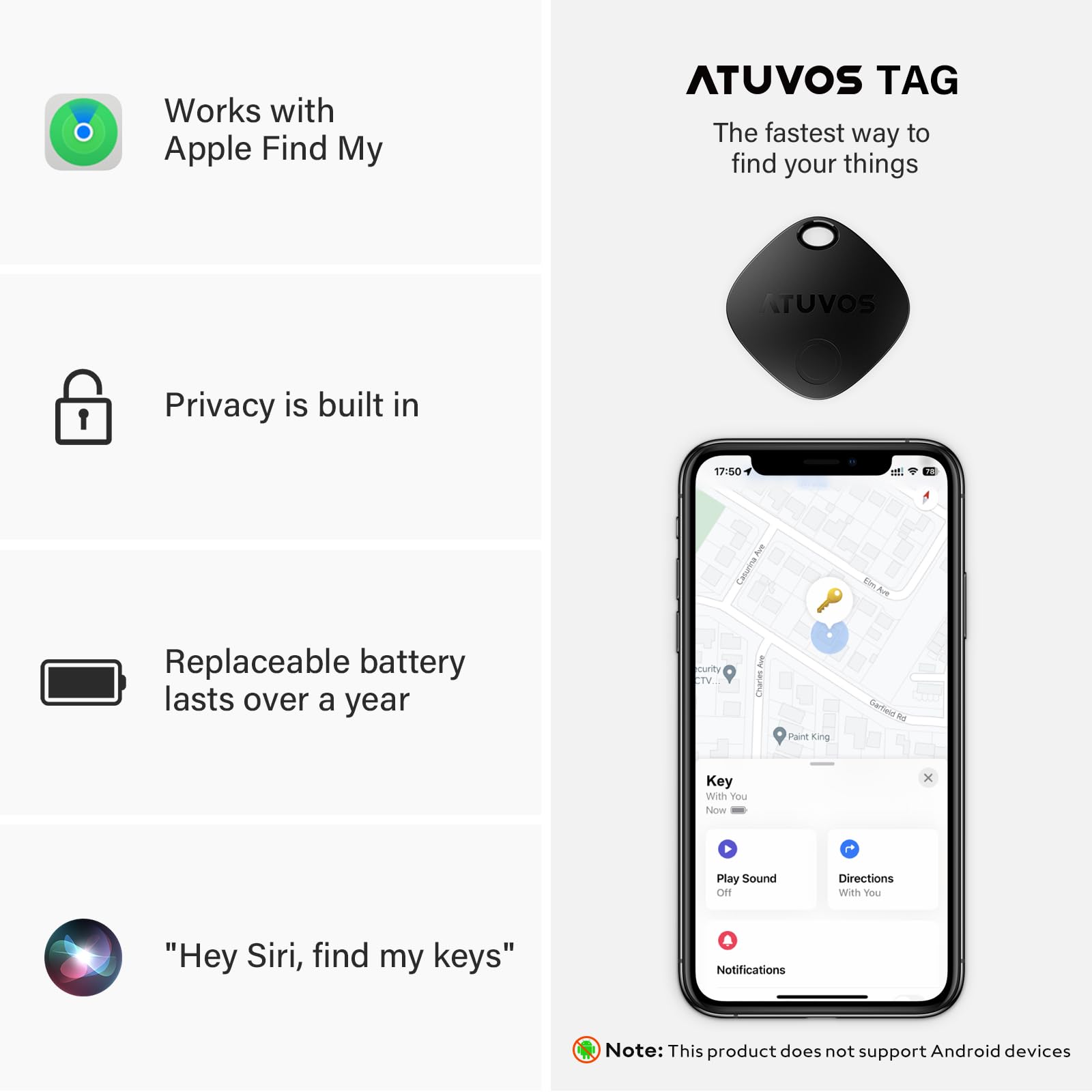 ATUVOS Air Tracker Tags 4 Pack, Apple Find My Compatible Bluetooth Tracker, IP67 Waterproof, Replaceable Battery, Anti-Loss Item Locator for Keys, Wallet, Luggage