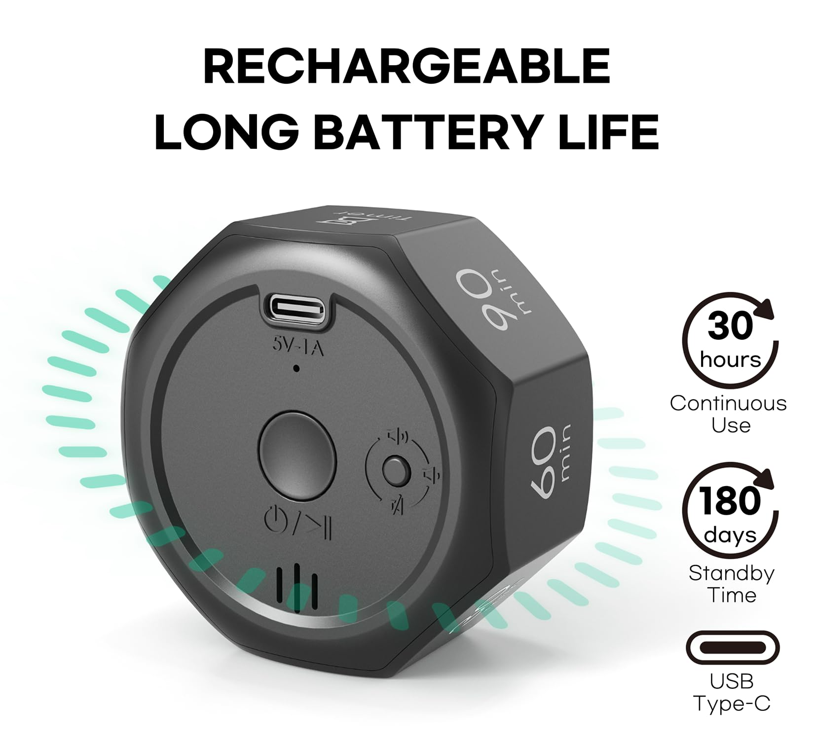 CREAVIVA Space Grey Flip Cube Pomodoro Timer with Visual Progress Bar, Silent Modes & USB-C Rechargeable Power