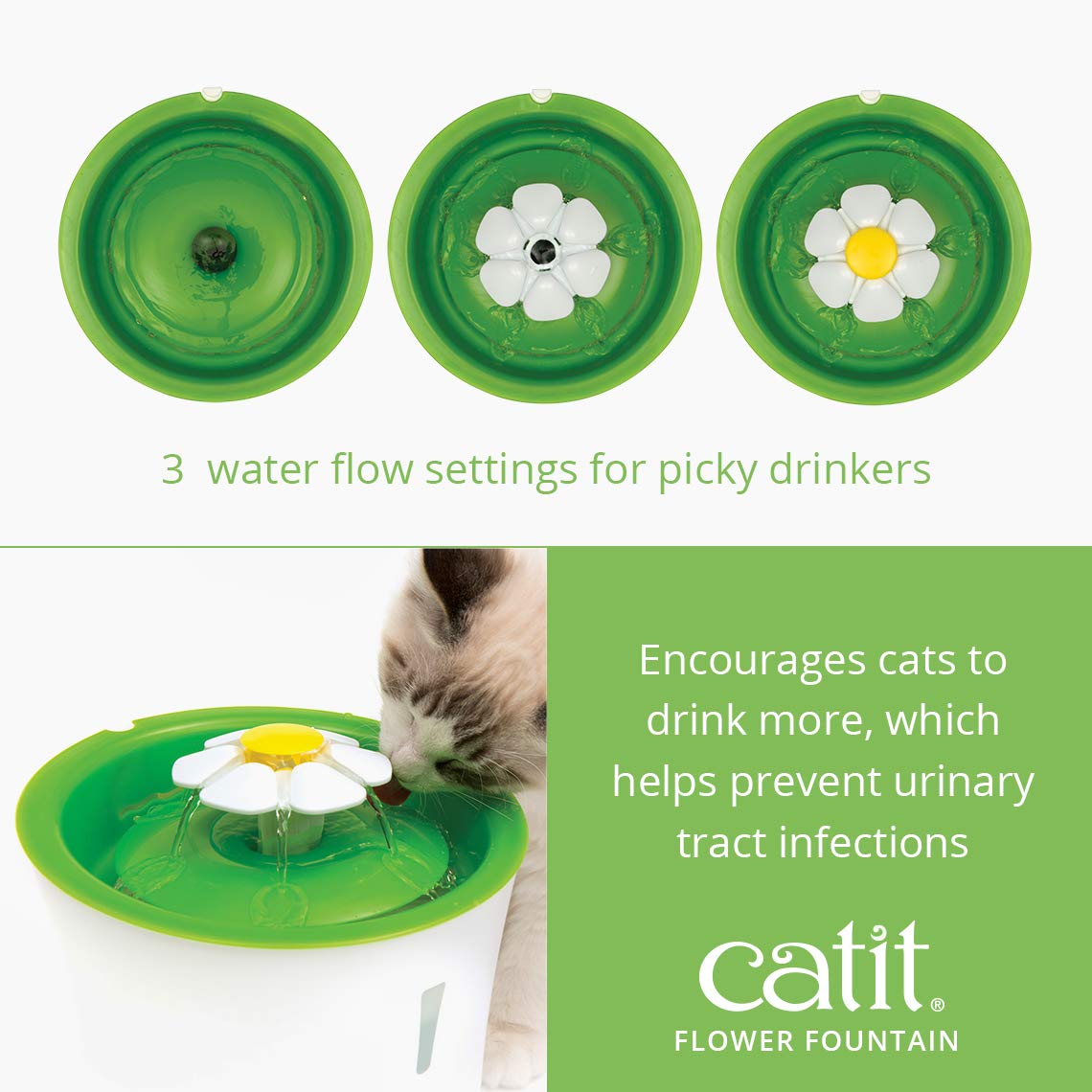 Catit Flower Cat Water Fountain 3L with Triple Action Filter, Ultra Quiet Pump & Multi-Flow Hydration System – BPA-Free Green Pet Fountain