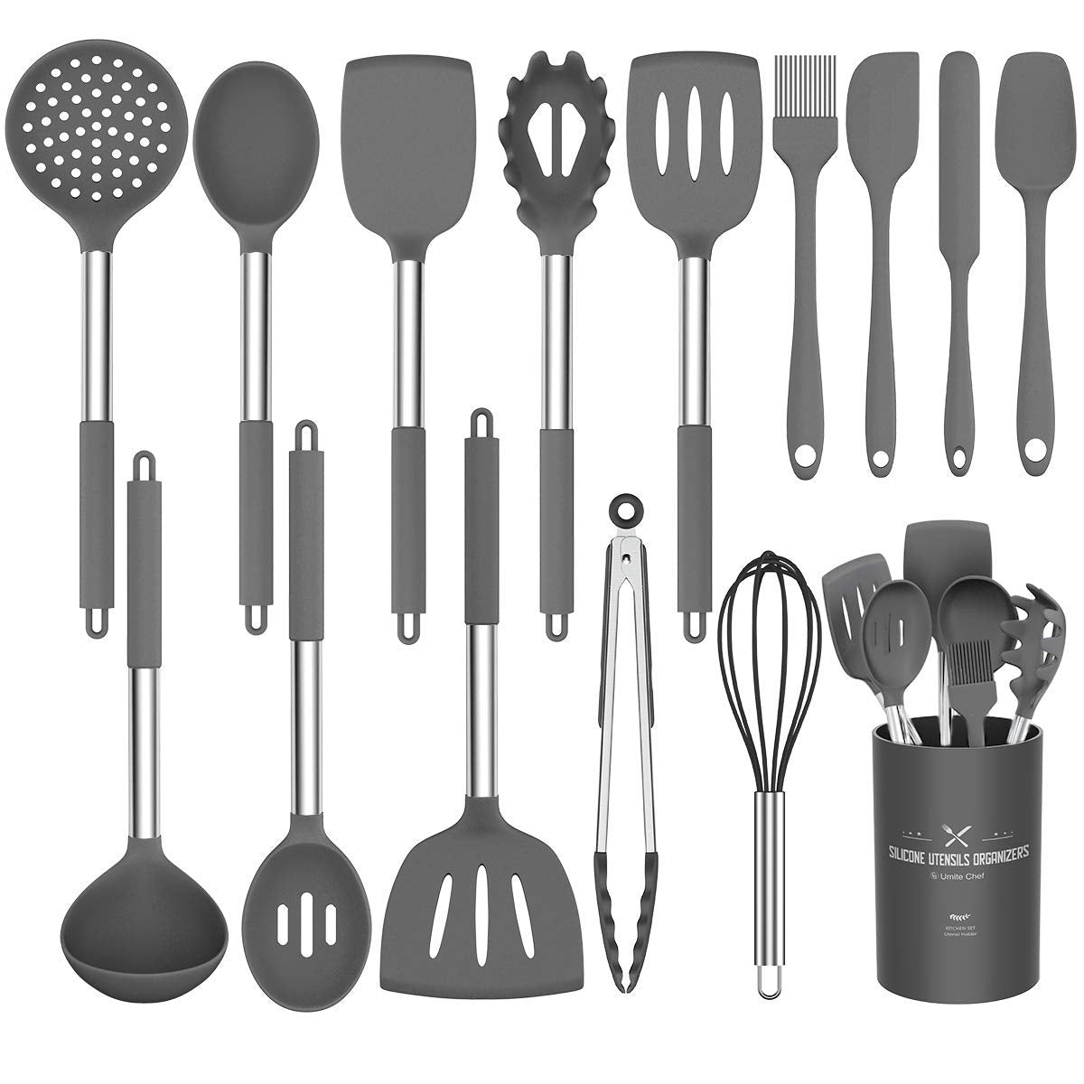 15-Piece Premium Silicone Kitchen Utensil Set with Stainless Steel Handles & Holder – Gray