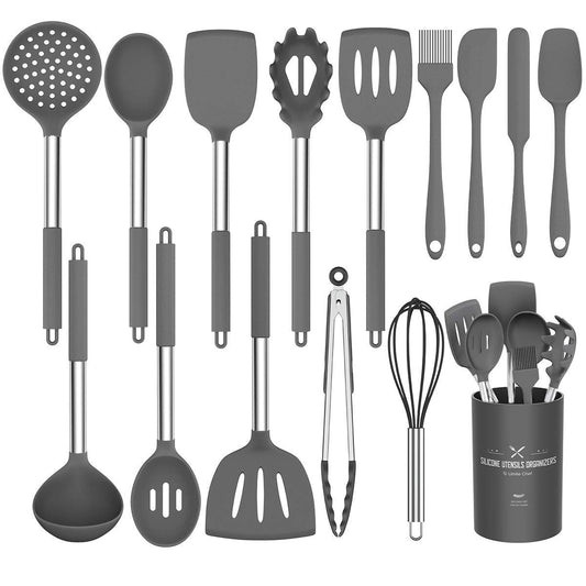 15-Piece Premium Silicone Kitchen Utensil Set with Stainless Steel Handles & Holder – Gray