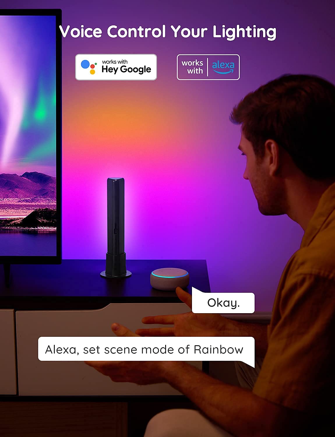 RGBICWW Gaming Light Bars with Music Sync, Alexa Control & App Customization – Black (For Monitors <45”)