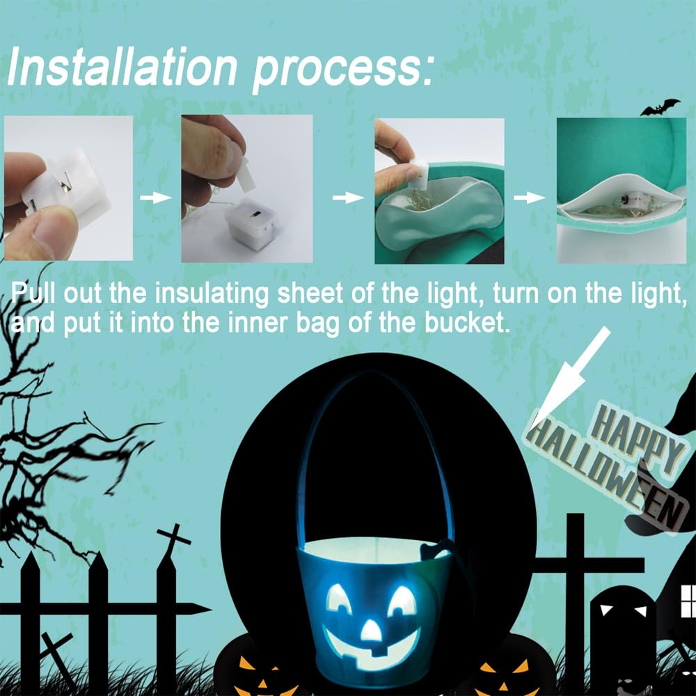 Teal Pumpkin Halloween Trick-or-Treat Bucket with Blue LED Lights – Reusable Felt Candy Bag for Allergy-Friendly Treats