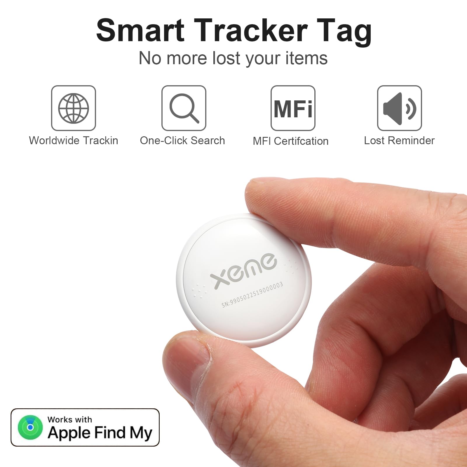 MFi Certified Bluetooth Tracker Tag, Apple Find My Compatible Item Locator, Waterproof IP67 Smart Key Finder with Replaceable Battery