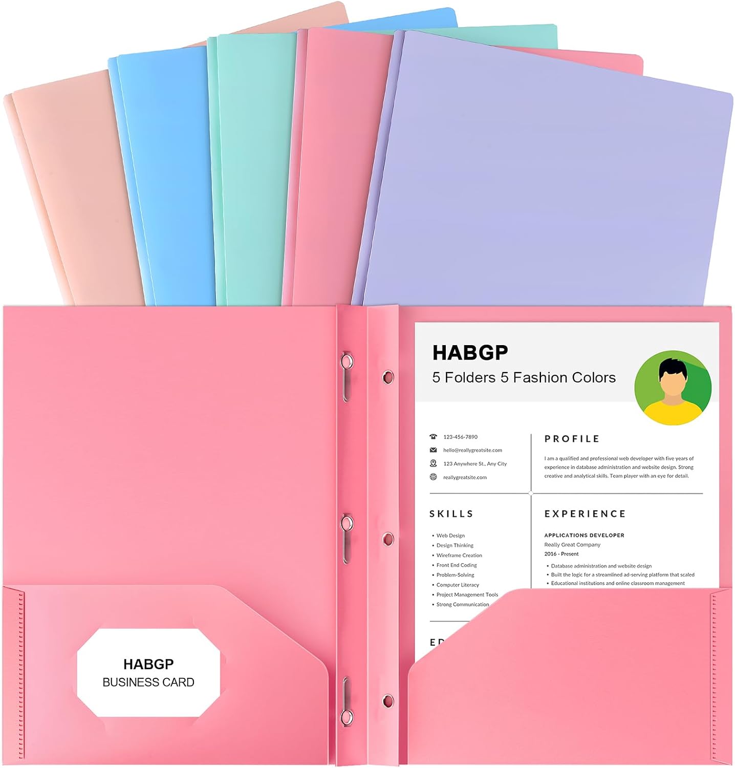 5-Pack Pastel Plastic Two-Pocket Folders with Prongs
