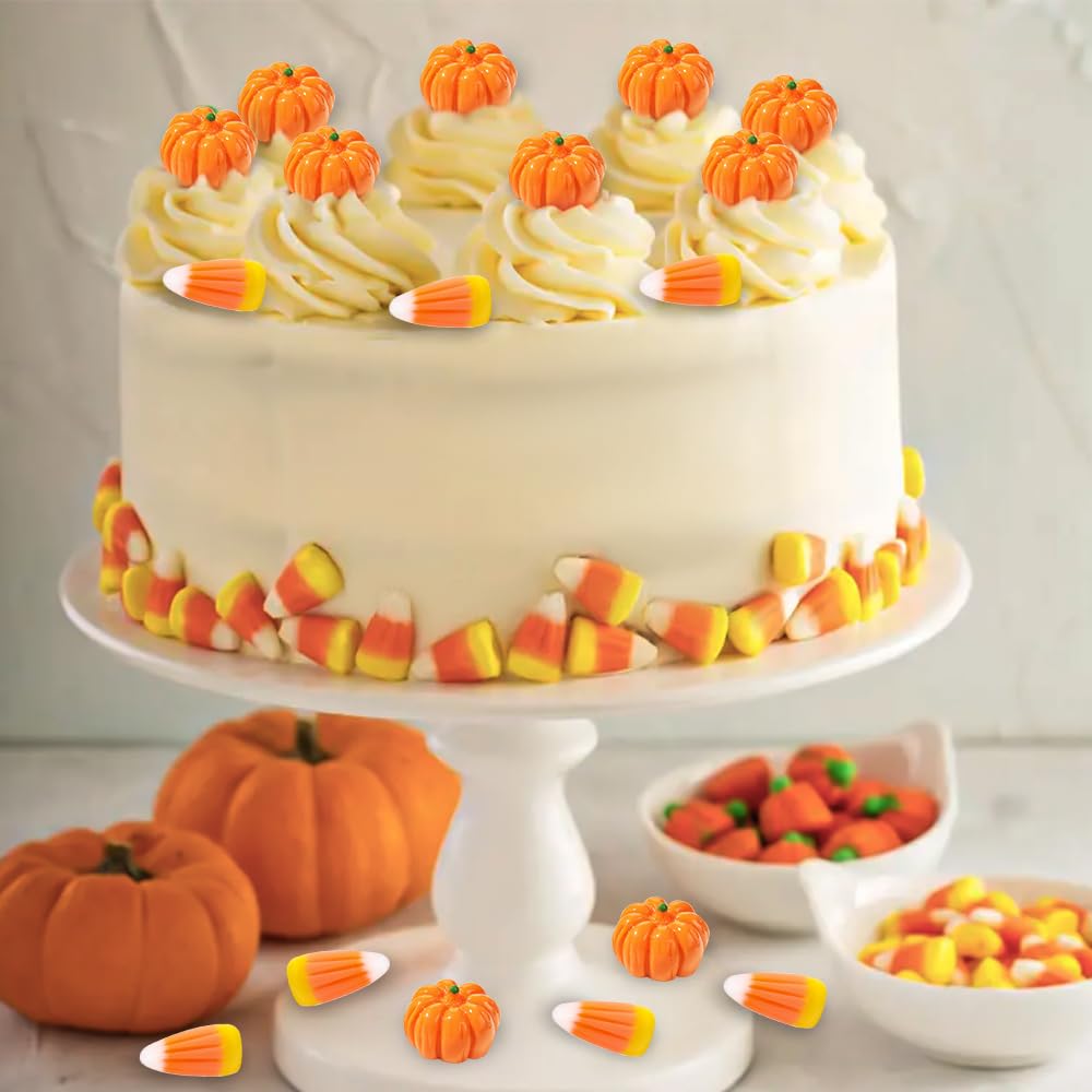 70 Pcs Mini Resin Pumpkins & Candy Corn Set – Halloween & Fall Decorations (Durable Autumn Home Décor, DIY Craft Props)