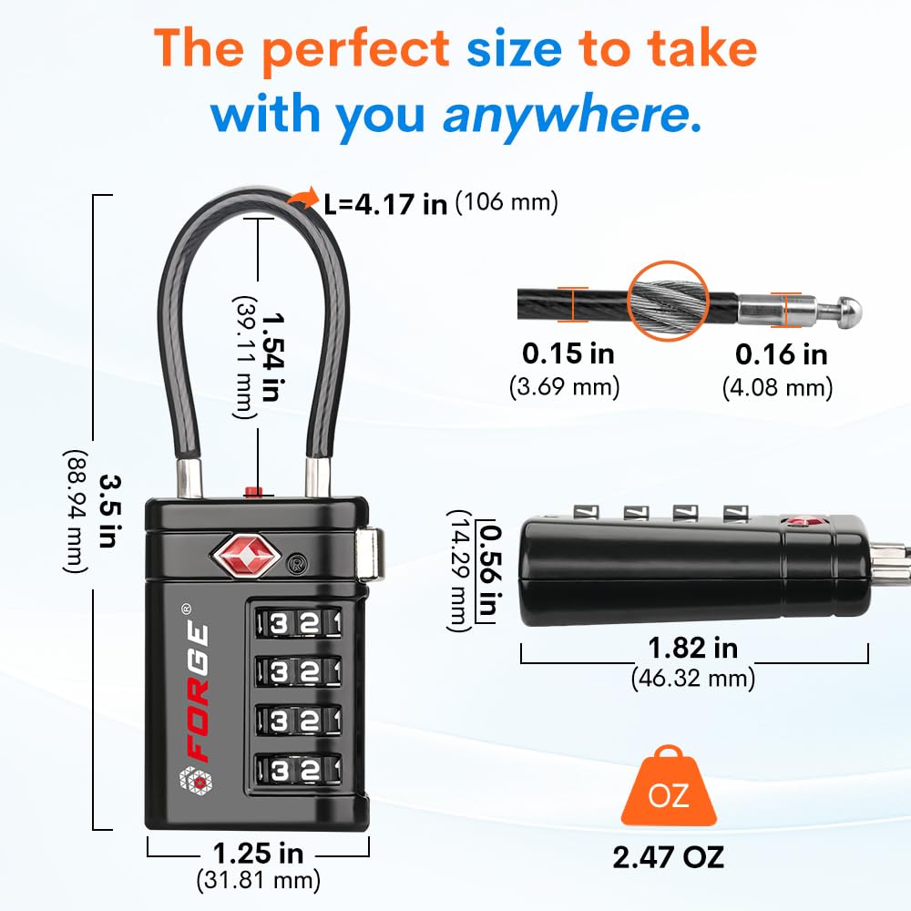 Forge Optimus TSA008 Cable Luggage Lock 2 Pack, Heavy Duty 4-Digit Combination Travel Security Lock with Open Alert Indicator