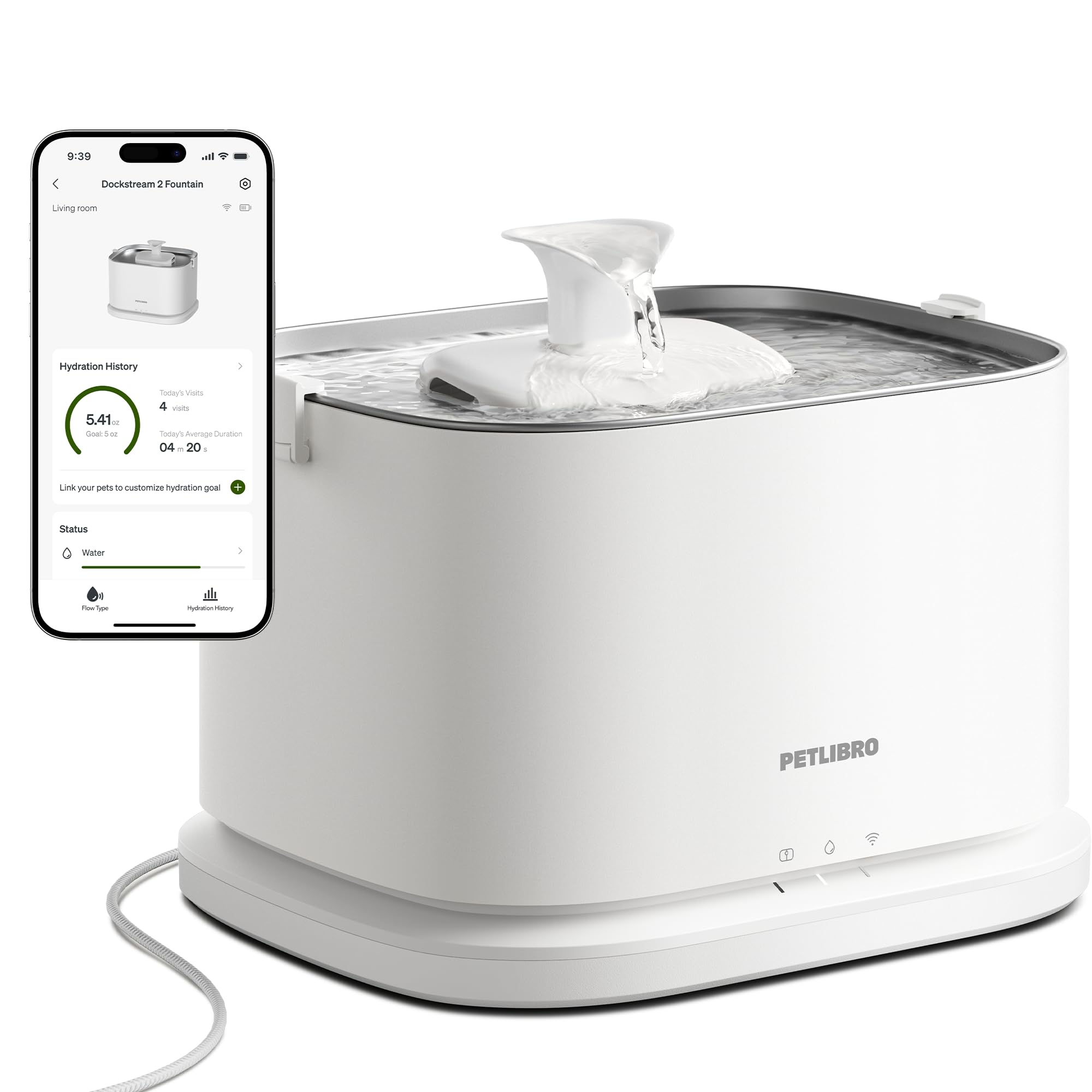 PETLIBRO Dockstream 2 Smart Cat Water Fountain 3L – WiFi Hydration Tracking & Pump-Free Design (White)