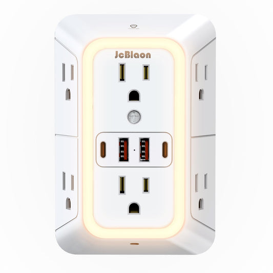 10-in-1 USB Wall Outlet Extender with Surge Protection, 6 AC Ports & Dual USB-C Fast Charging – Space Saving Power Hub White