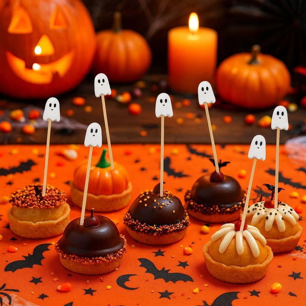 100Pcs Halloween Ghost Cocktail Picks – Pink & White Bamboo Toothpicks for Appetizers, Desserts & Party Snacks (4.92 Inches)