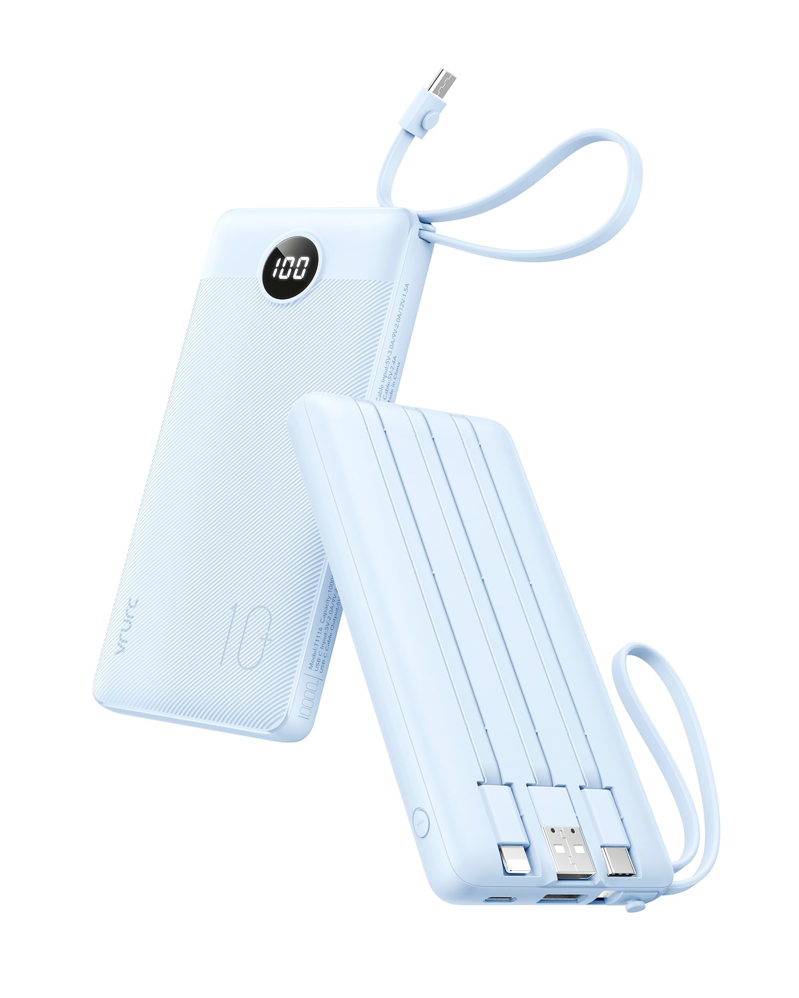 10000mAh Portable Power Bank with Built-in Charging Cables & LED Battery Indicator – Multi Device Travel Charger Blue