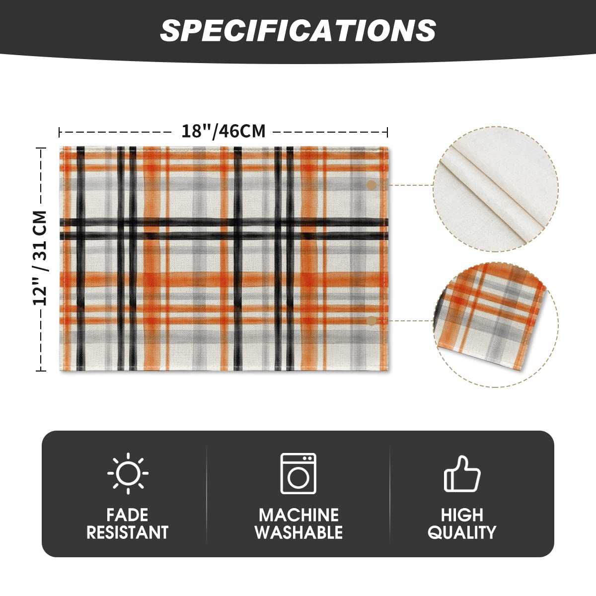 Halloween Placemats Set of 4 – Orange & Black 100% Polyester Table Mats by Artoid Mode (18x12”)