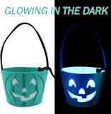 Teal Pumpkin Halloween Trick-or-Treat Bucket with Blue LED Lights – Reusable Felt Candy Bag for Allergy-Friendly Treats