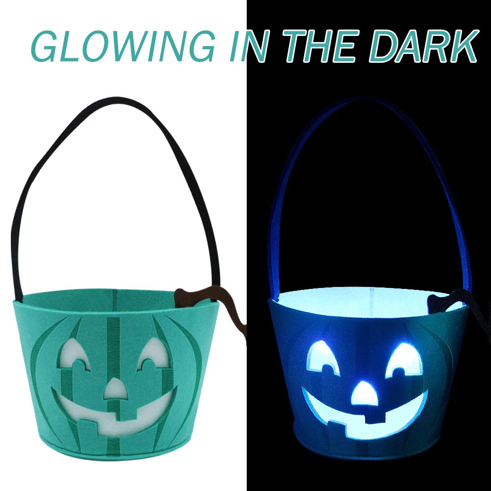 Teal Pumpkin Halloween Trick-or-Treat Bucket with Blue LED Lights – Reusable Felt Candy Bag for Allergy-Friendly Treats
