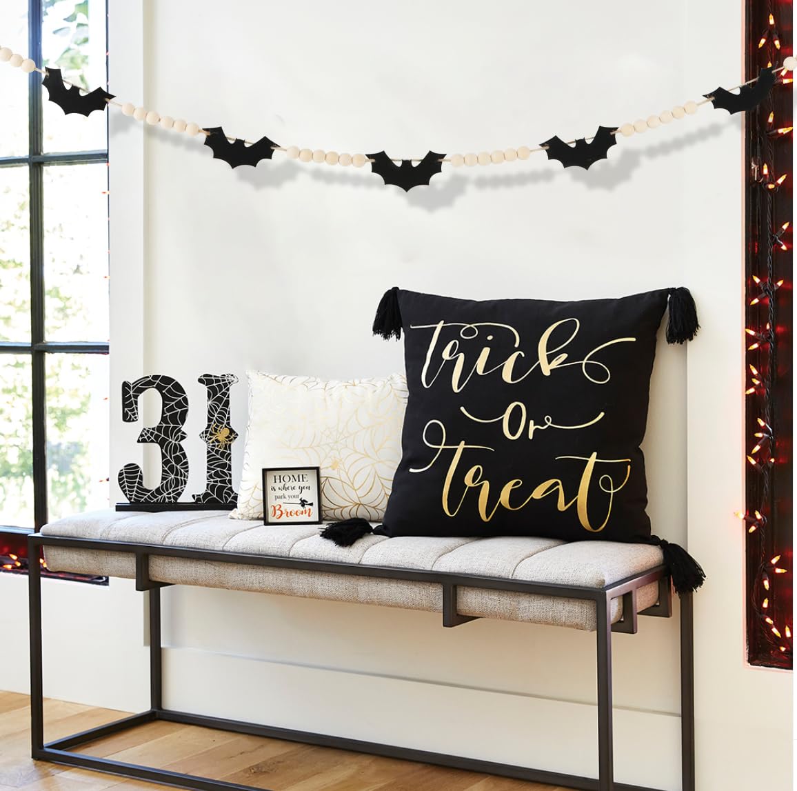 Black Felt Bat & Wood Bead Garland 🎃 – 5ft Rustic Halloween Mantel Banner for Spooky Home Décor