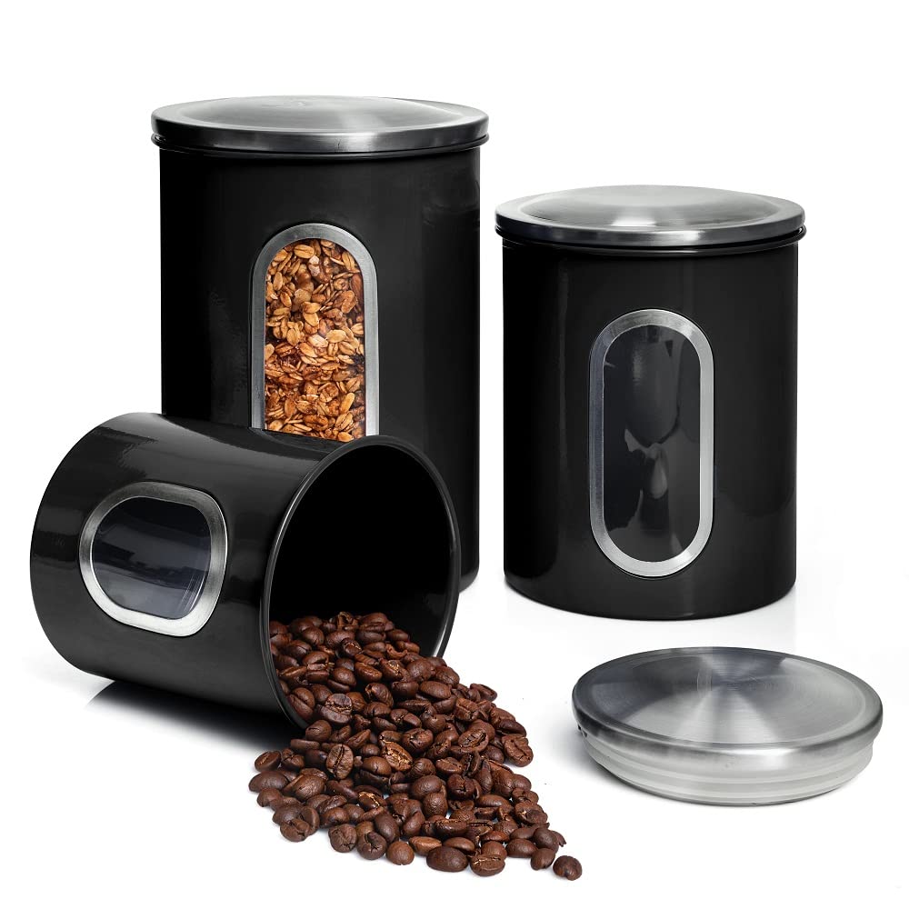 Airtight Metal Kitchen Canister Set – 3-Piece Stainless Steel Storage with Window (Black)
