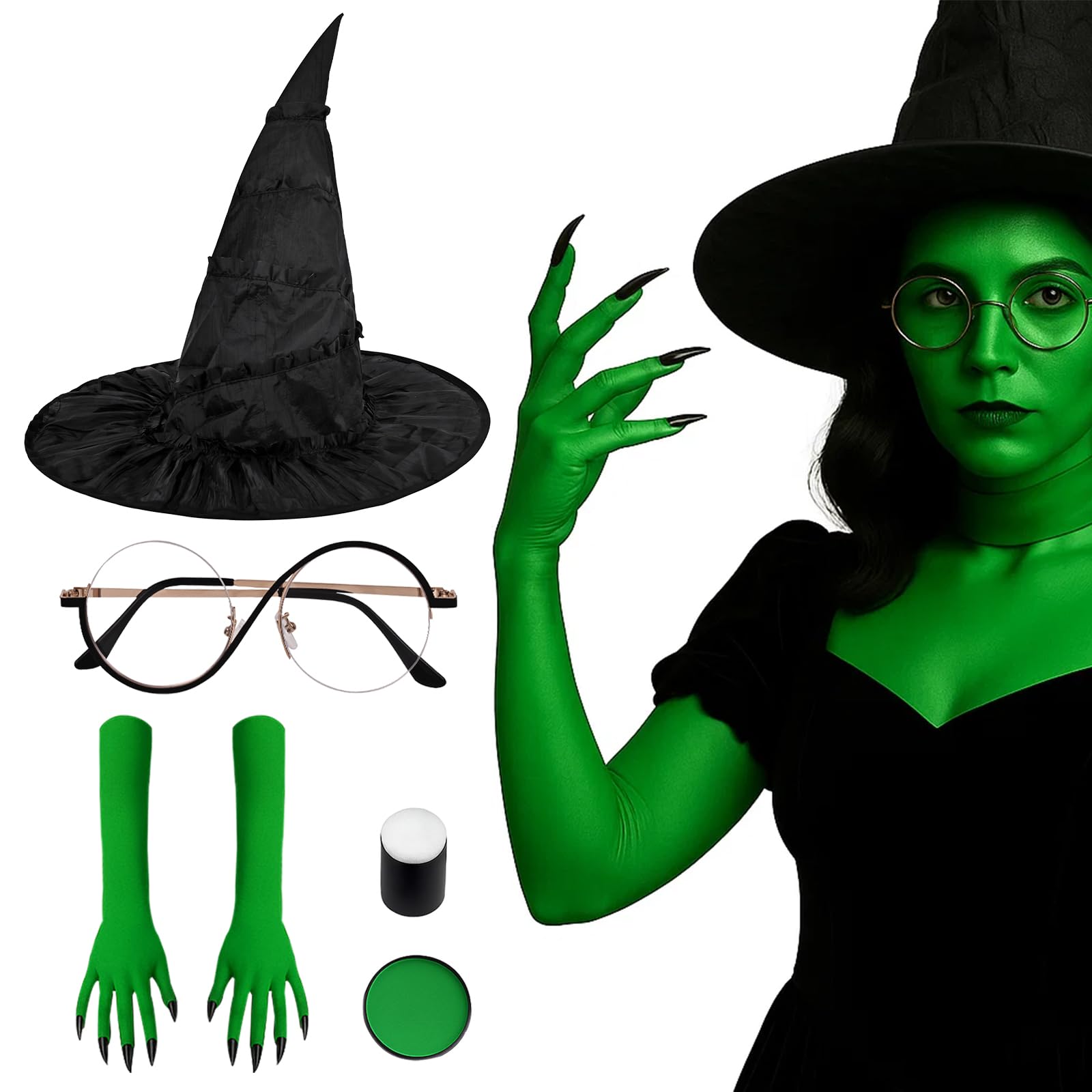 Black & Green Witch Costume Kit (5PCS with Glasses) – Complete Halloween Witch Set with Hat, Gloves, Face Paint & Accessories