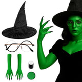 Black & Green Witch Costume Kit (5PCS with Glasses) – Complete Halloween Witch Set with Hat, Gloves, Face Paint & Accessories