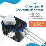 Universal Travel Power Adapter with USB-C & USB-A – Worldwide Plug Adapter for US, EU, UK, AU with 45W Fast Charging