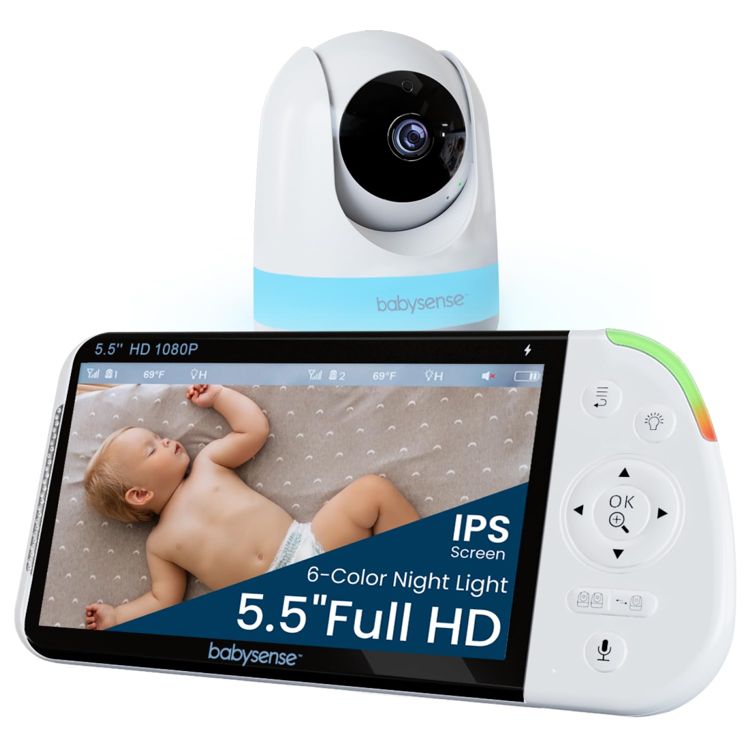 Full HD Baby Monitor with 5.5" Screen & Split-Screen Cameras – Secure Non-WiFi Video Baby Monitor with Night Light