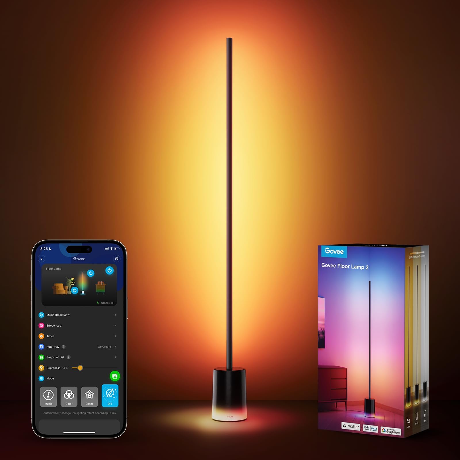 60” RGBICWW Smart Floor Lamp with Matter, 1725lm Brightness & Dual-Zone Lighting Design – Black