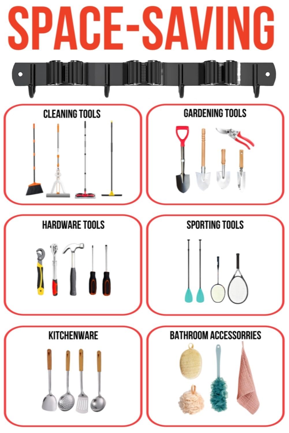 FODARSAI Wall-Mounted Mop & Broom Holder – Stainless Steel Organizer with 5 Grips and 4 Hooks for Home & Garage (Black)