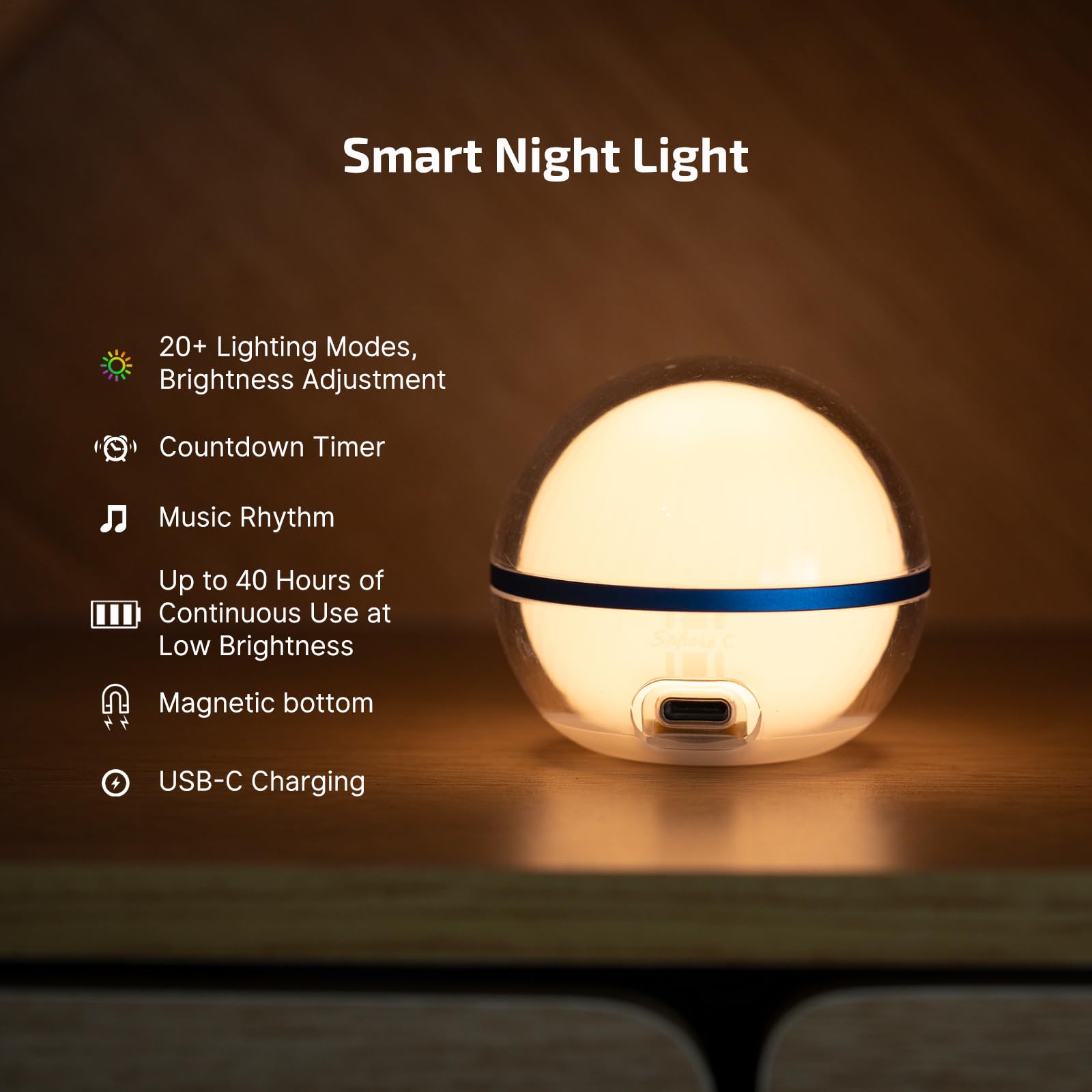 Sphere C USB-C Magnetic Smart Night Light – Portable RGB Bedside Lamp with App Control