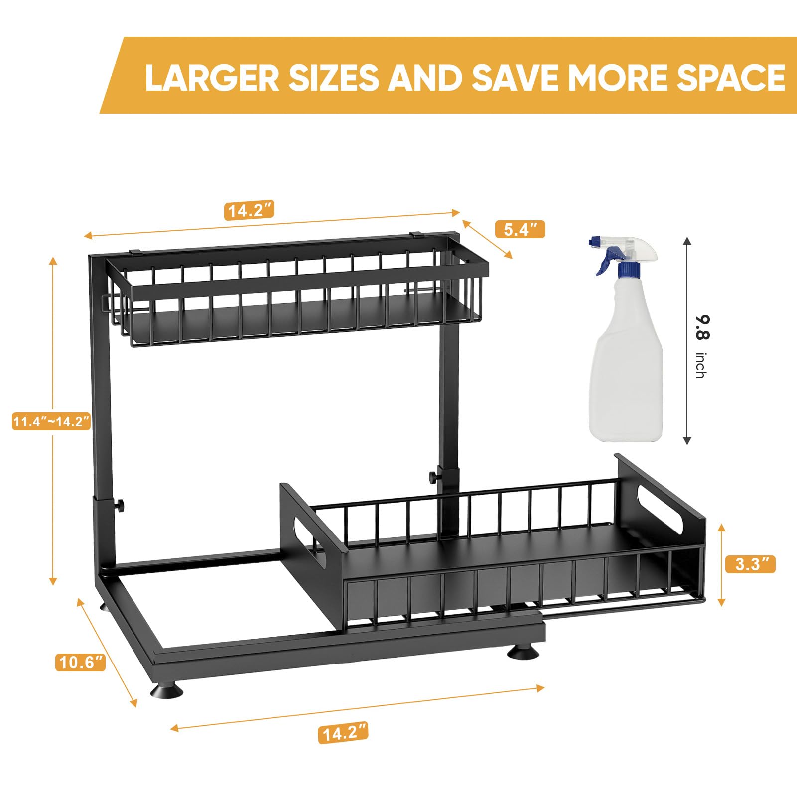 L-Shaped Under Sink Organizer – 2-Tier Heavy-Duty Metal Pull-Out Storage with Adjustable Height (Black, 2-Pack)