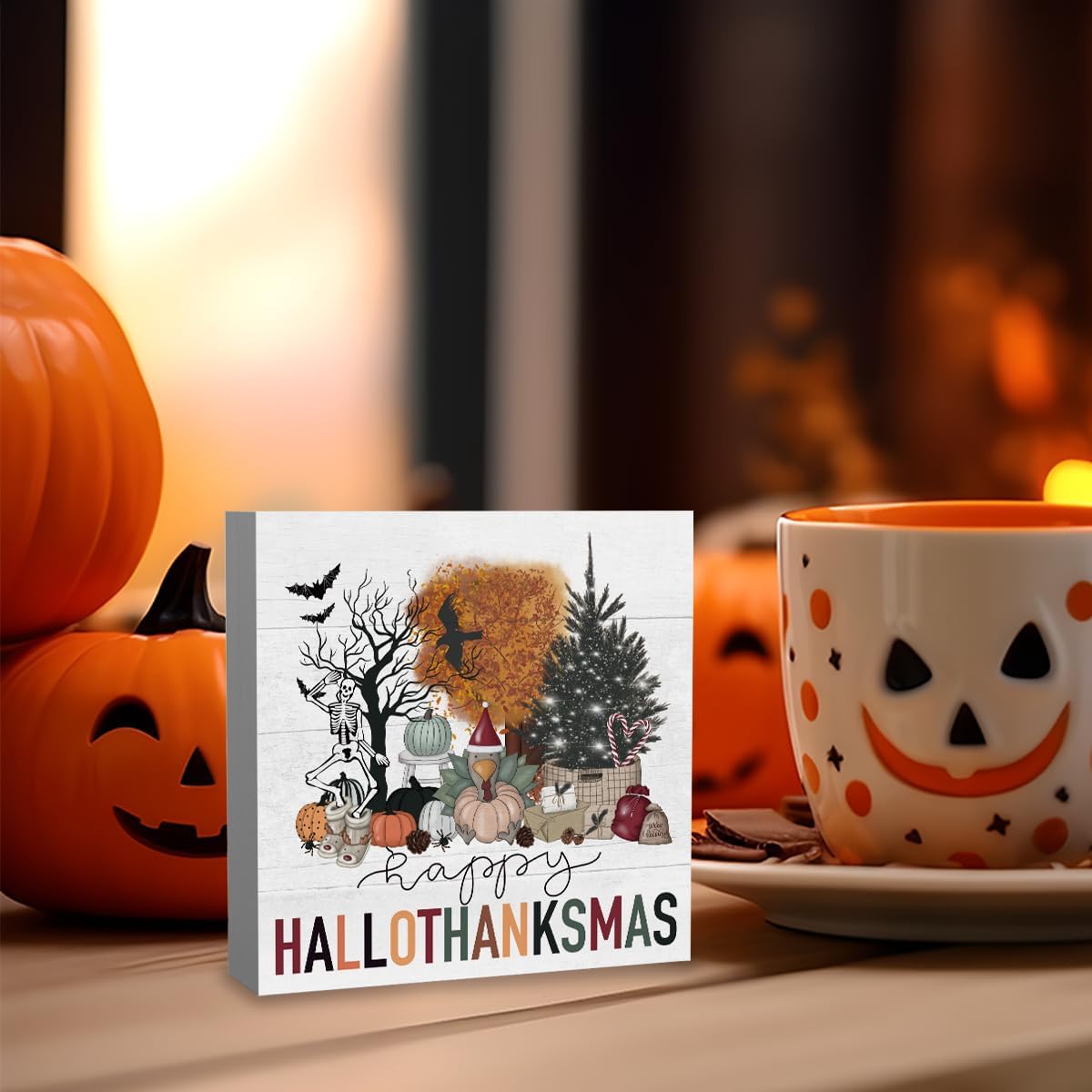 Happy Halloween Wooden Sign – Cute 5x5” Pink Boo Decor with Pumpkin, Bat & Dog Design for Home or Office