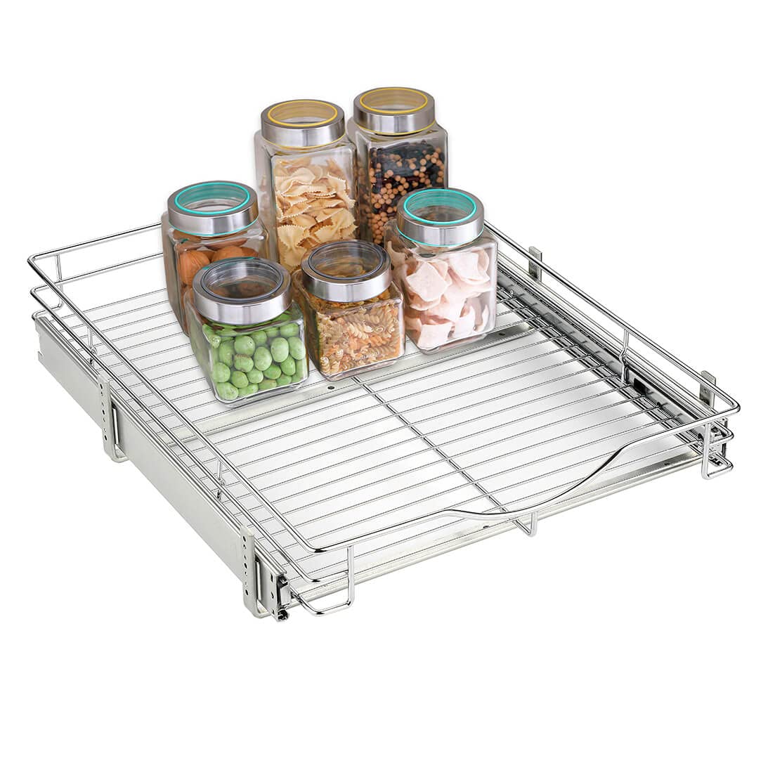 DINDON Wide Chrome Pull-Out Cabinet Organizer – Heavy-Duty Single-Tier Slide-Out Wire Basket for Base Cabinets
