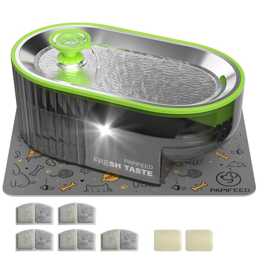 2.5L Stainless Steel Cat Water Fountain with LED Water Level Window, USB Powered Quiet Pump & Waterproof Silicone Mat – Green