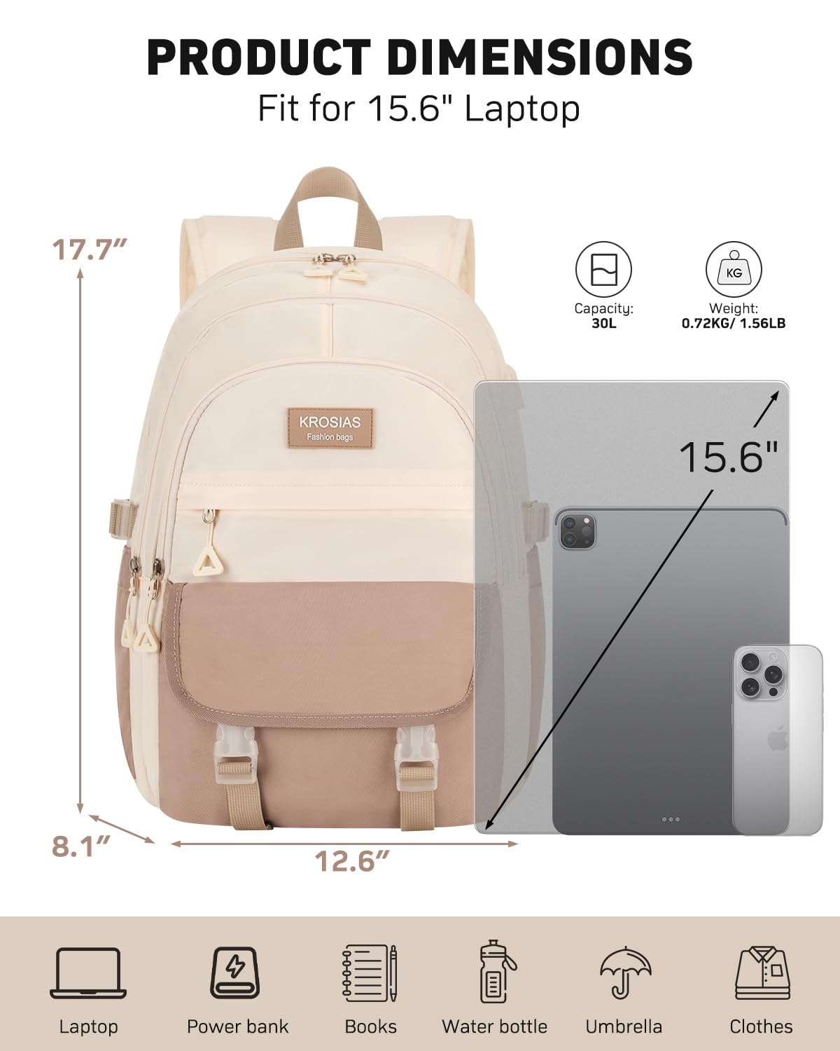 KROSias Lightweight School Backpack for Teen Girls & Women – 15.6 Inch Laptop Bookbag 30L