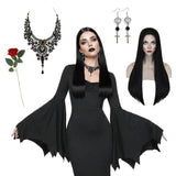 Gothic Halloween Wig & Accessories Set – Long Black Braided Wig with Necklace, Earrings & Red Rose
